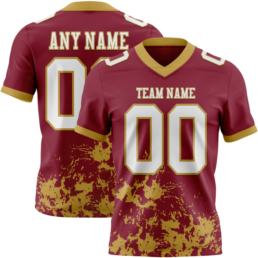Custom Crimson White-Old Gold 3D Pattern Splash Authentic Football Jersey
