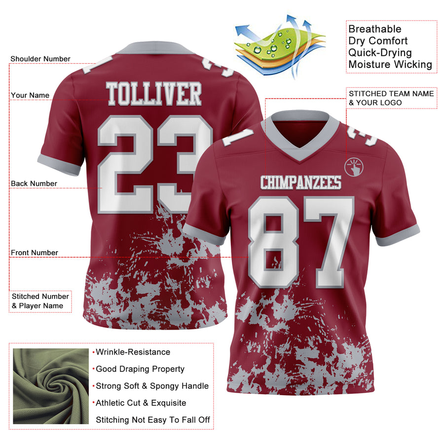 Custom Crimson White-Gray 3D Pattern Splash Authentic Football Jersey