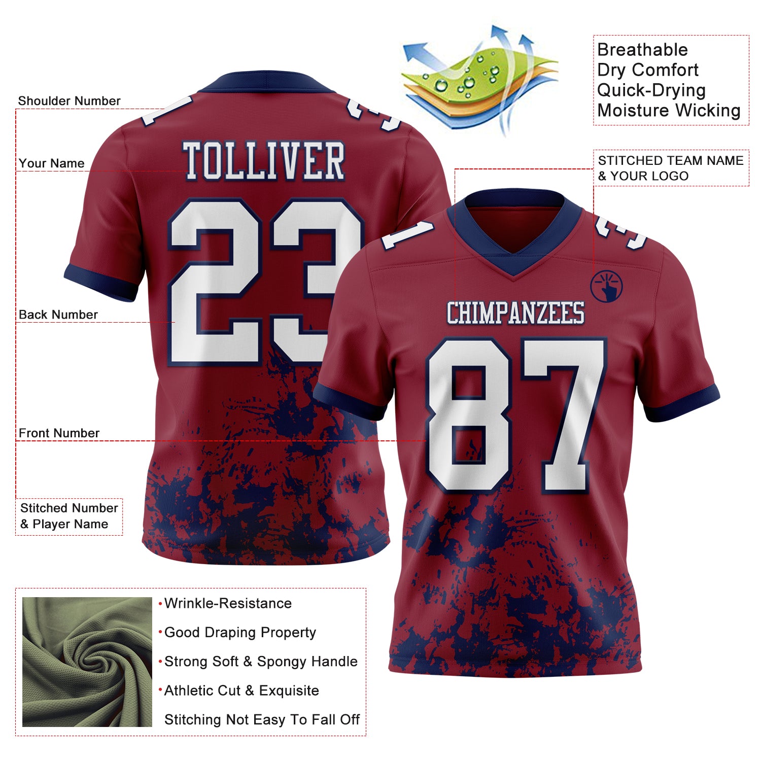 Custom Crimson White-Navy 3D Pattern Splash Authentic Football Jersey