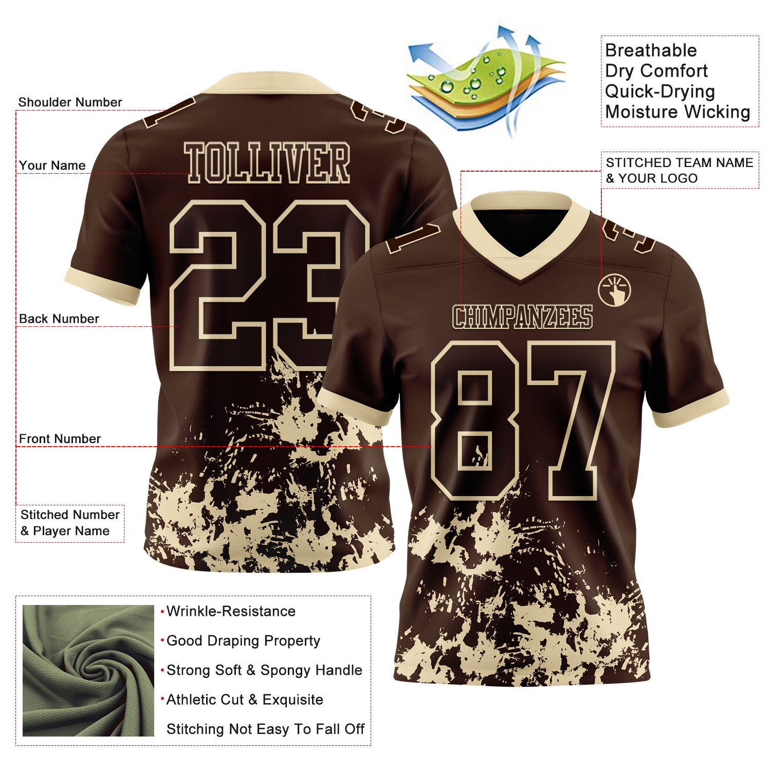 Custom Brown Cream 3D Pattern Splash Authentic Football Jersey