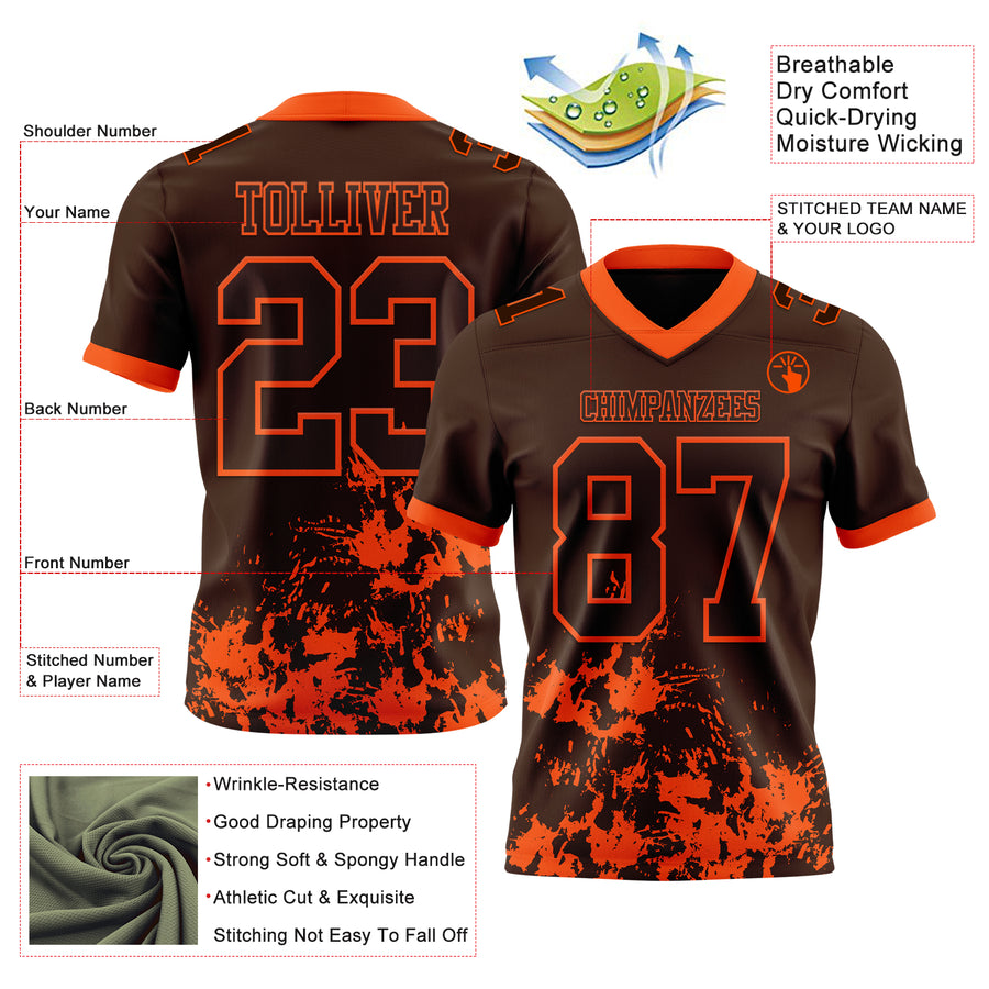 Custom Brown Orange 3D Pattern Splash Authentic Football Jersey