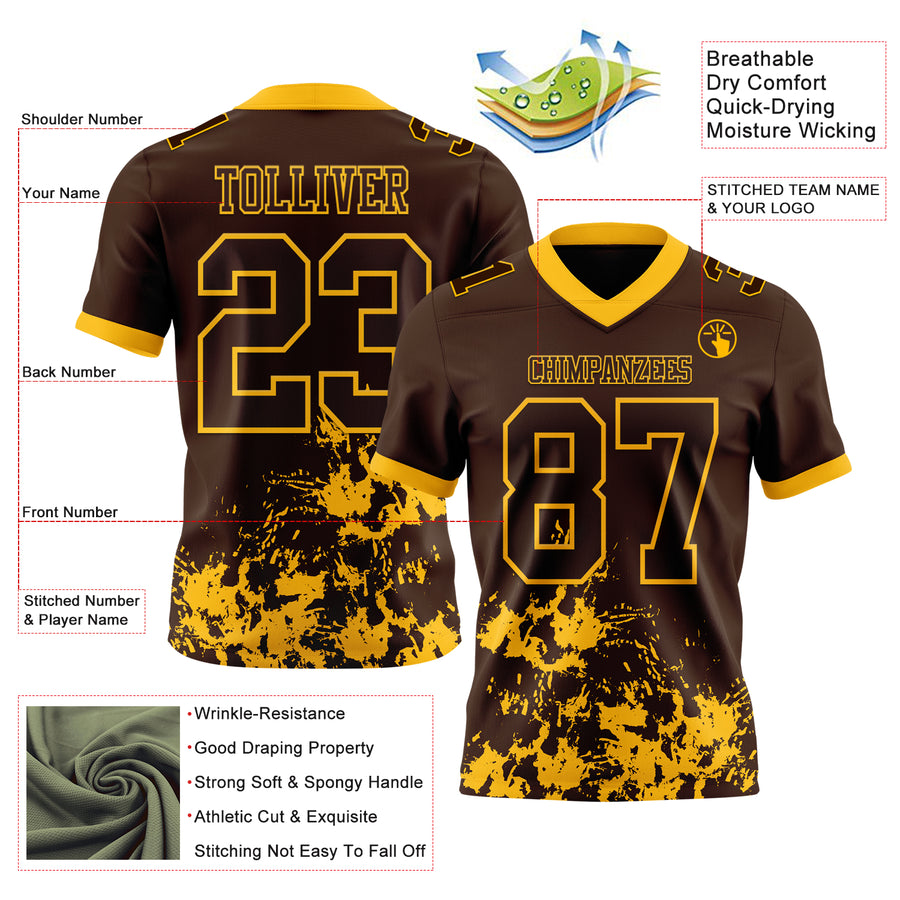 Custom Brown Gold 3D Pattern Splash Authentic Football Jersey