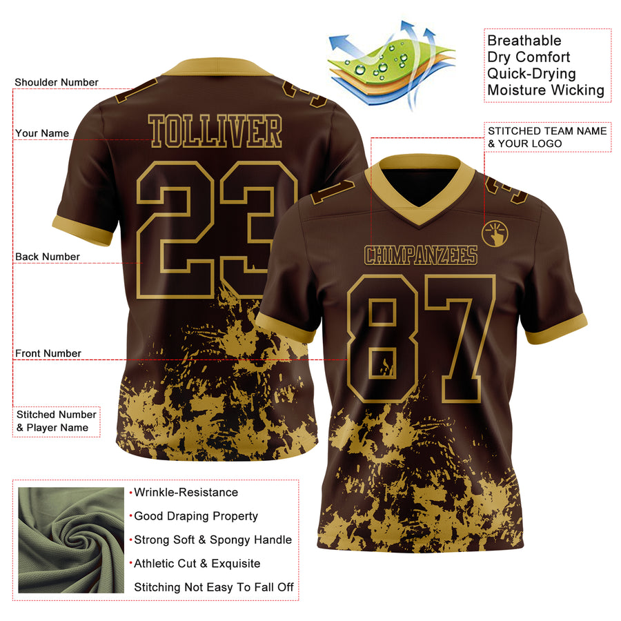 Custom Brown Old Gold 3D Pattern Splash Authentic Football Jersey
