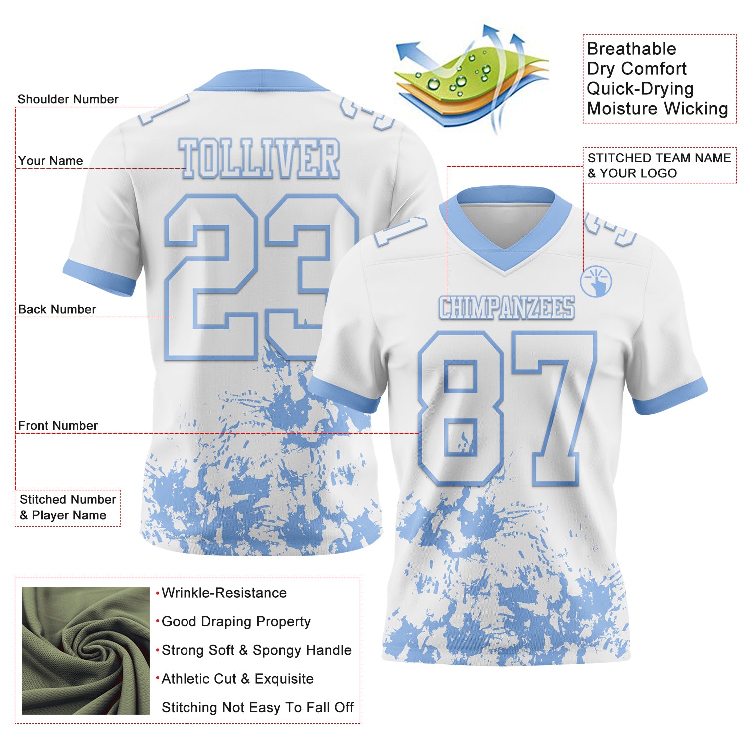 Custom White Light Blue 3D Pattern Splash Authentic Football Jersey
