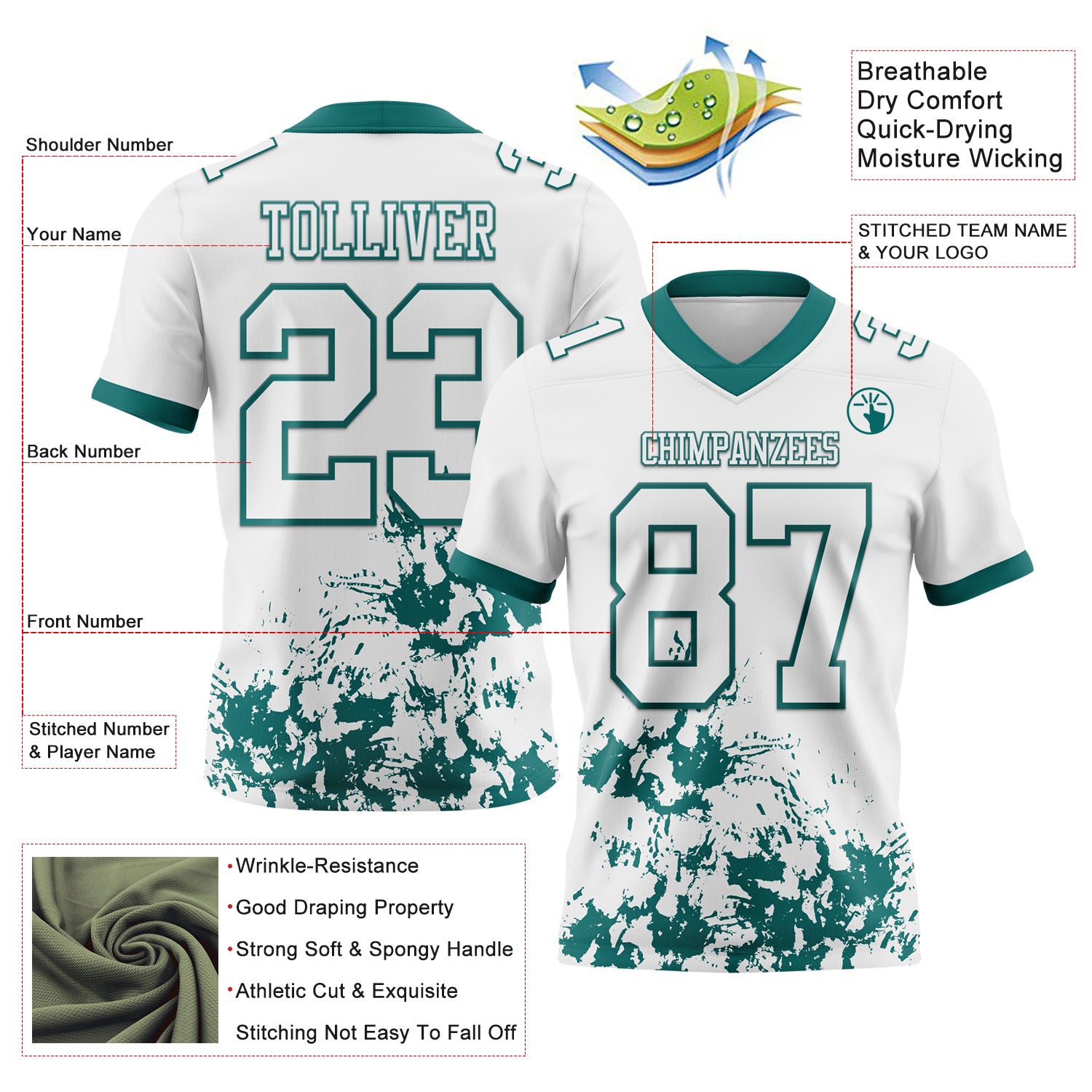 Custom White Teal 3D Pattern Splash Authentic Football Jersey