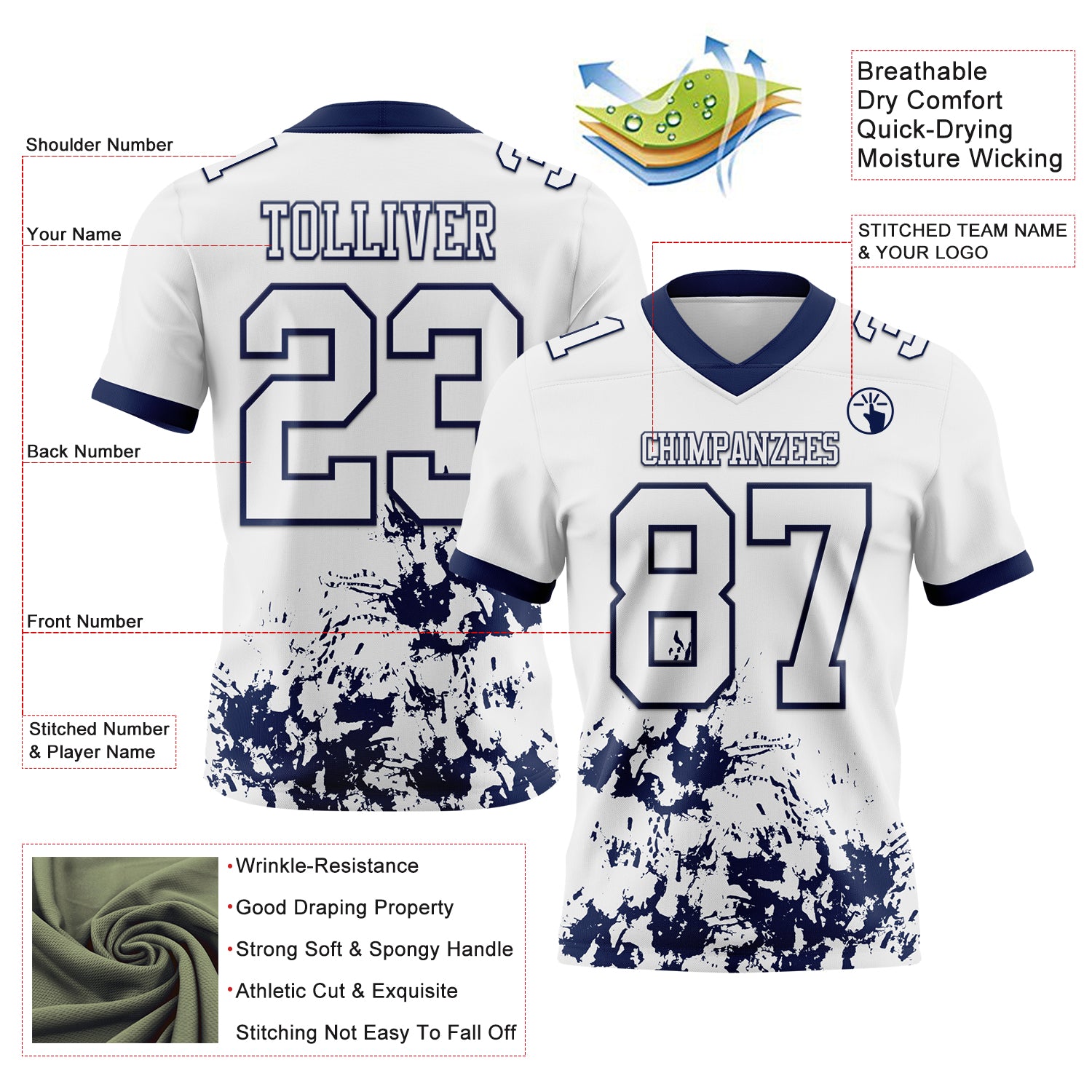 Custom White Navy 3D Pattern Splash Authentic Football Jersey