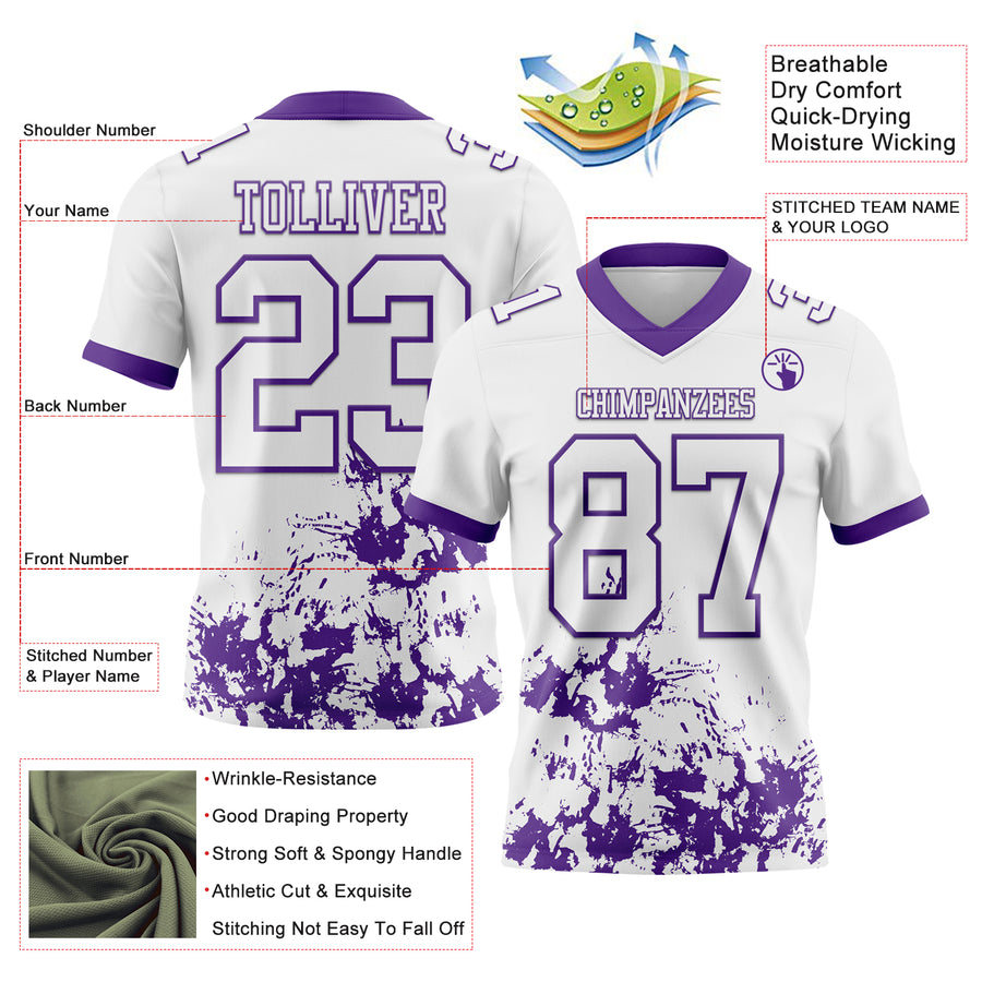 Custom White Purple 3D Pattern Splash Authentic Football Jersey