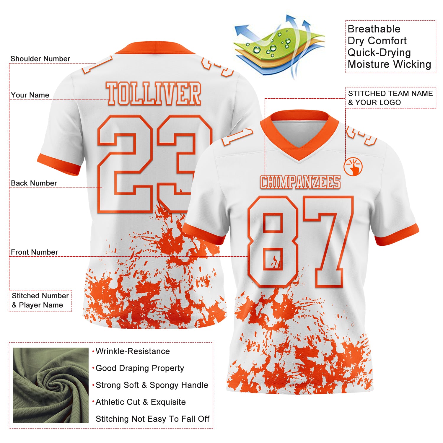 Custom White Orange 3D Pattern Splash Authentic Football Jersey