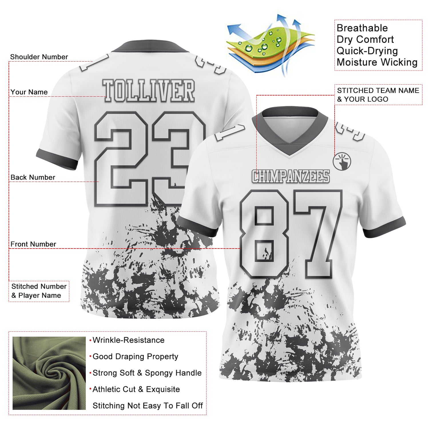 Custom White Steel Gray 3D Pattern Splash Authentic Football Jersey