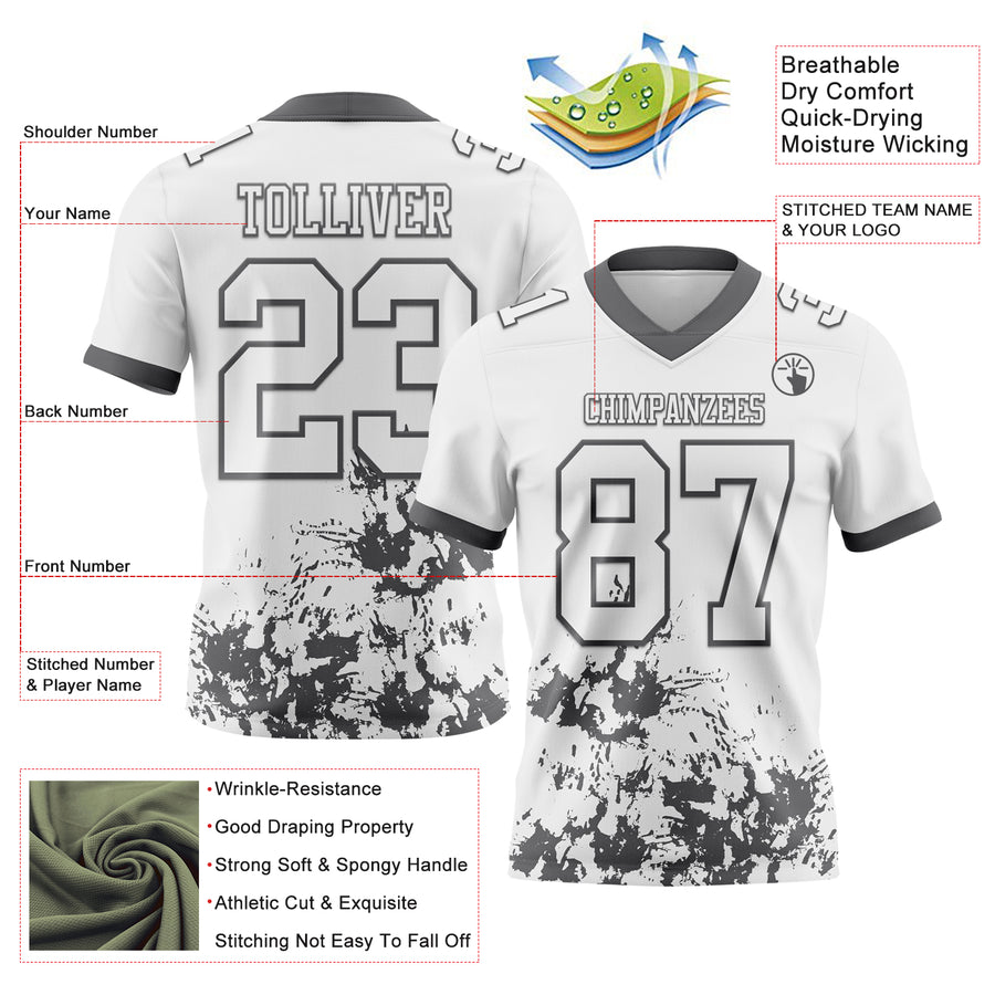 Custom White Steel Gray 3D Pattern Splash Authentic Football Jersey
