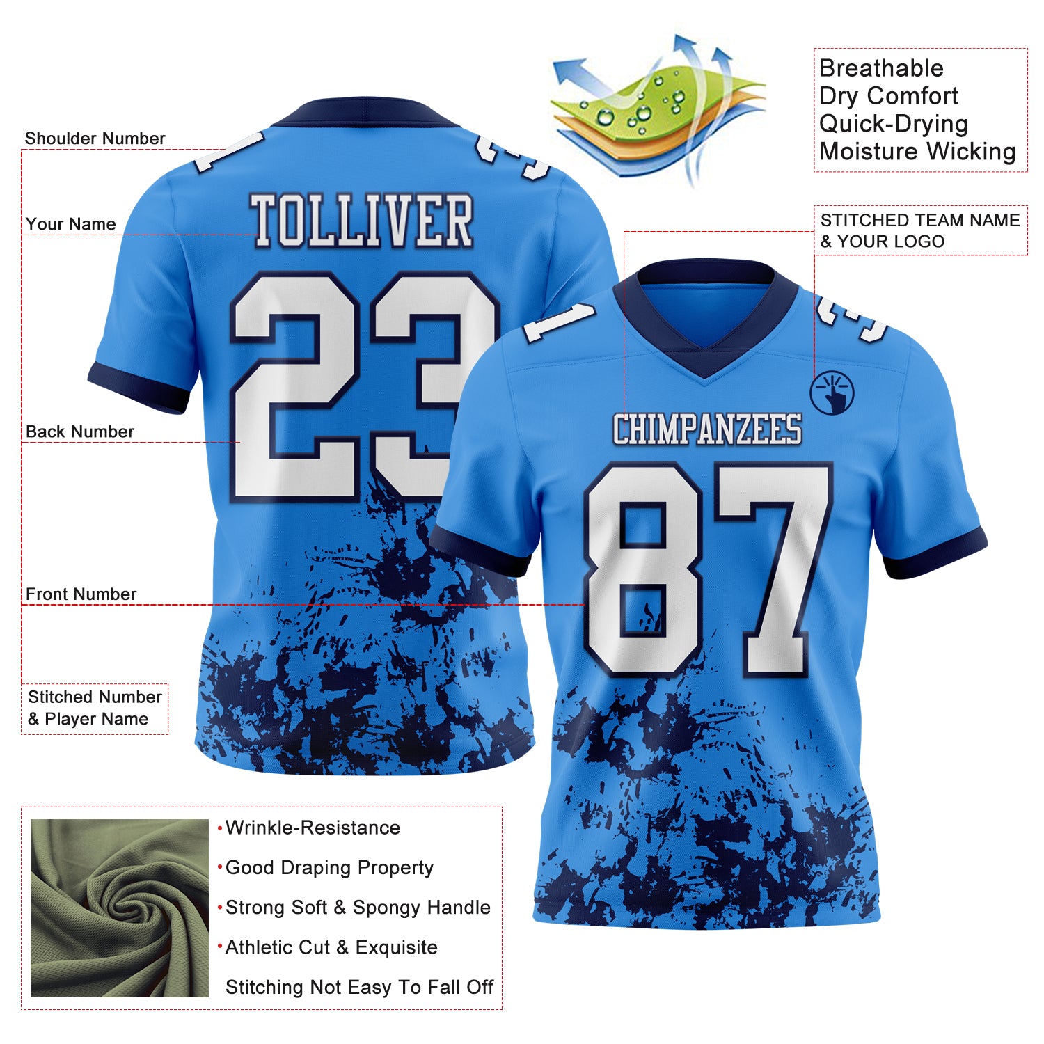 Custom Powder Blue White-Navy 3D Pattern Splash Authentic Football Jersey