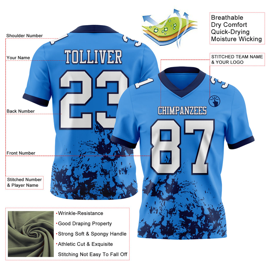 Custom Powder Blue White-Navy 3D Pattern Splash Authentic Football Jersey