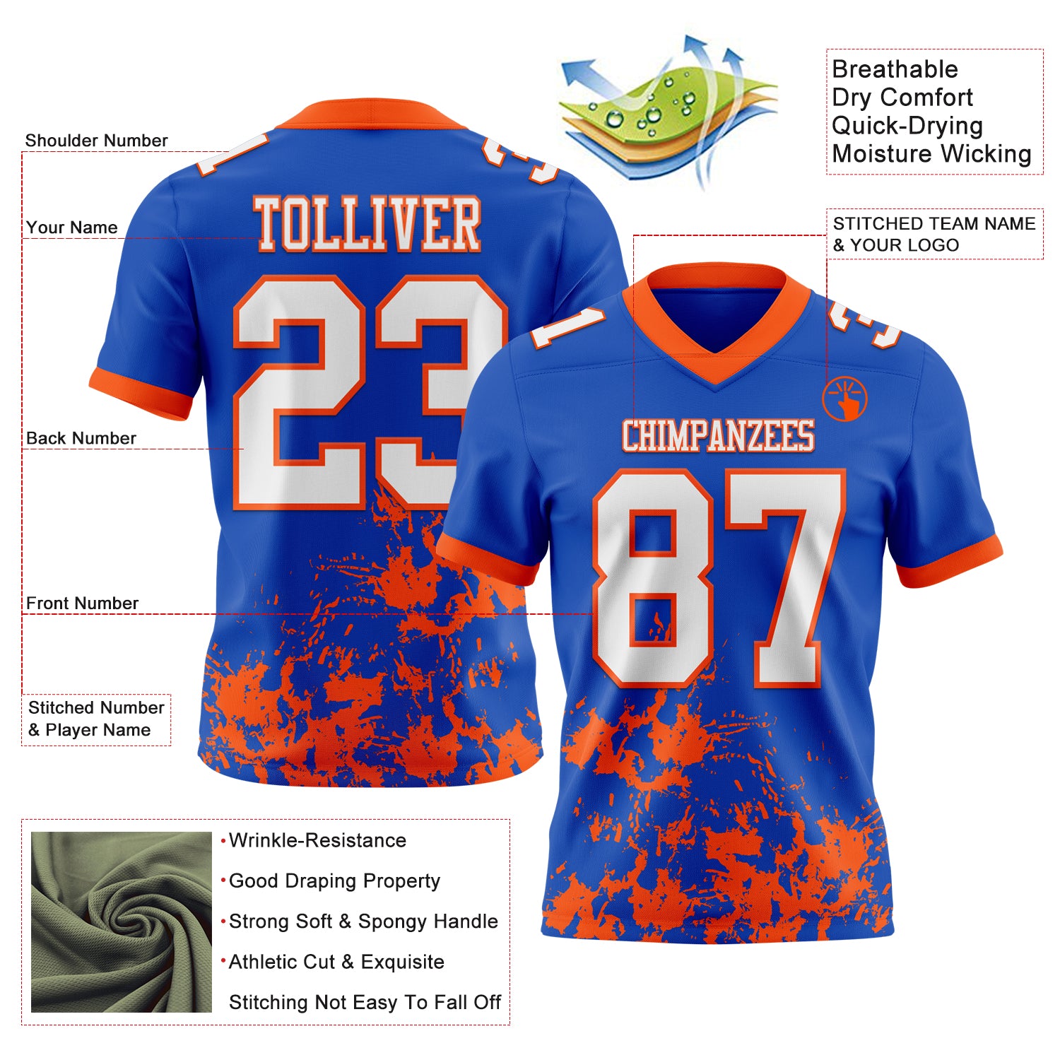 Custom Thunder Blue White-Orange 3D Pattern Splash Authentic Football Jersey