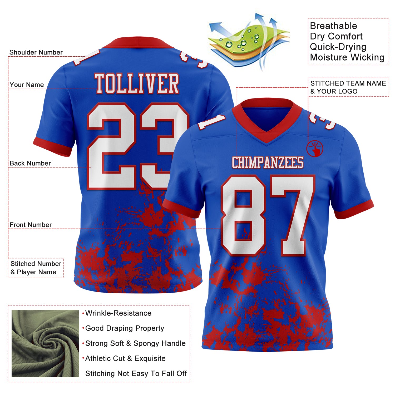 Custom Thunder Blue White-Red 3D Pattern Splash Authentic Football Jersey