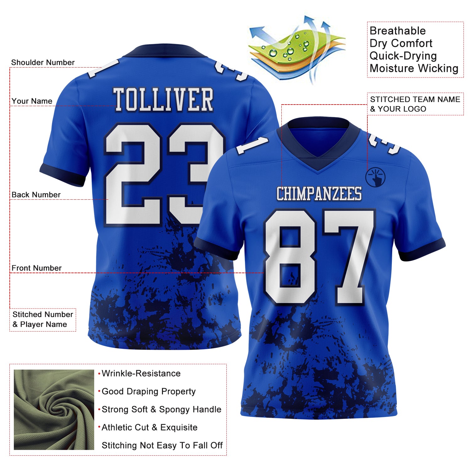 Custom Thunder Blue White-Navy 3D Pattern Splash Authentic Football Jersey