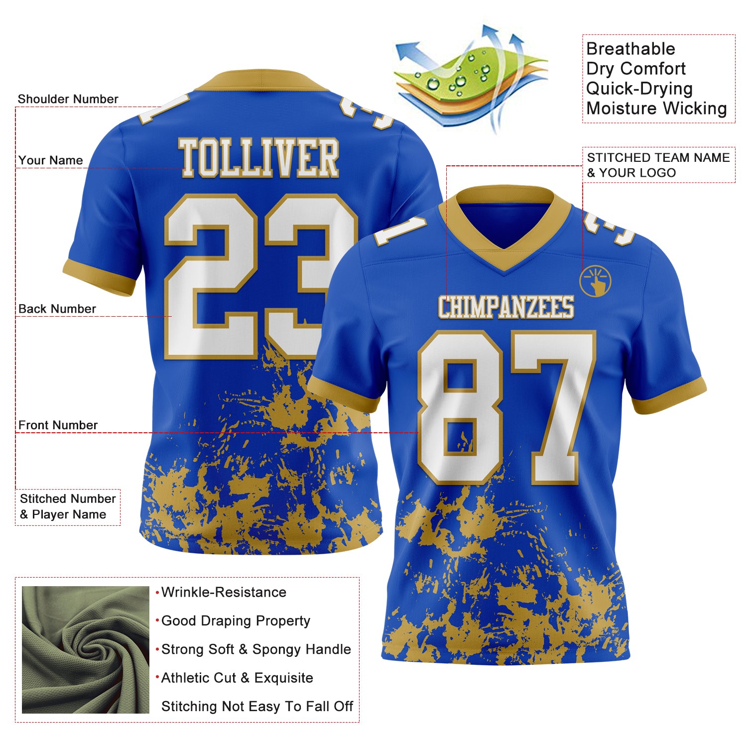Custom Thunder Blue White-Old Gold 3D Pattern Splash Authentic Football Jersey