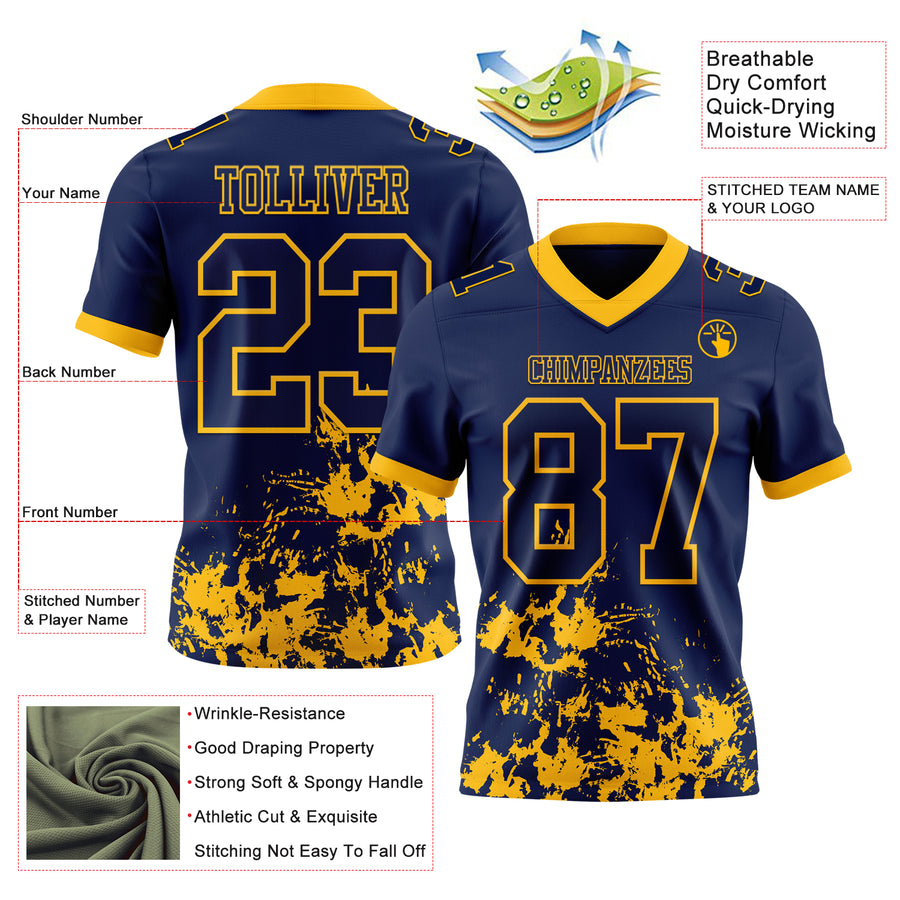 Custom Navy Gold 3D Pattern Splash Authentic Football Jersey