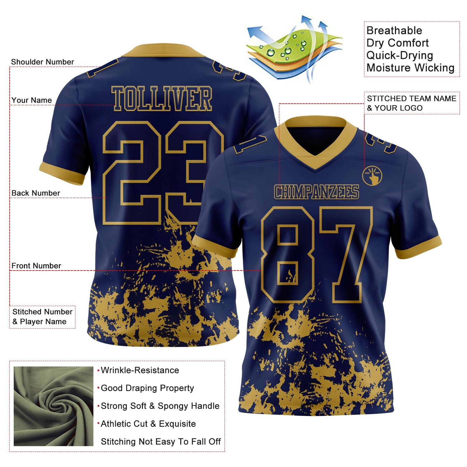 Custom Navy Old Gold 3D Pattern Splash Authentic Football Jersey