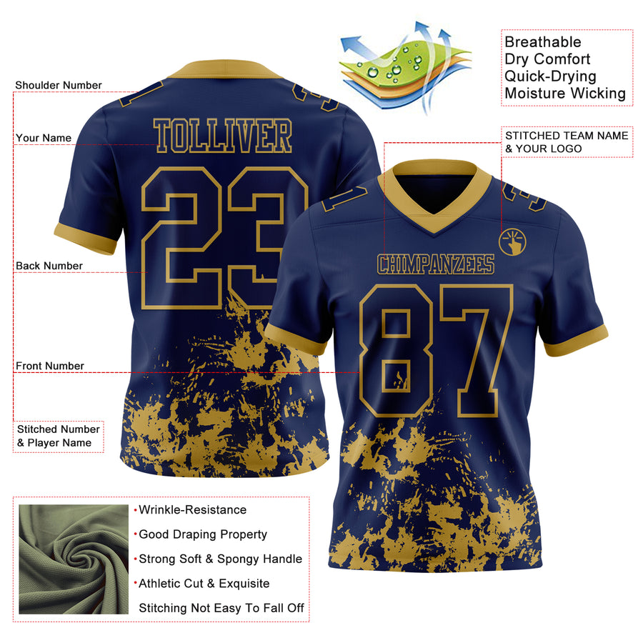 Custom Navy Old Gold 3D Pattern Splash Authentic Football Jersey