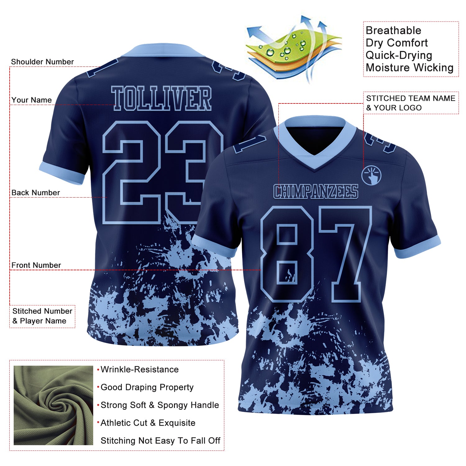 Custom Navy Light Blue 3D Pattern Splash Authentic Football Jersey