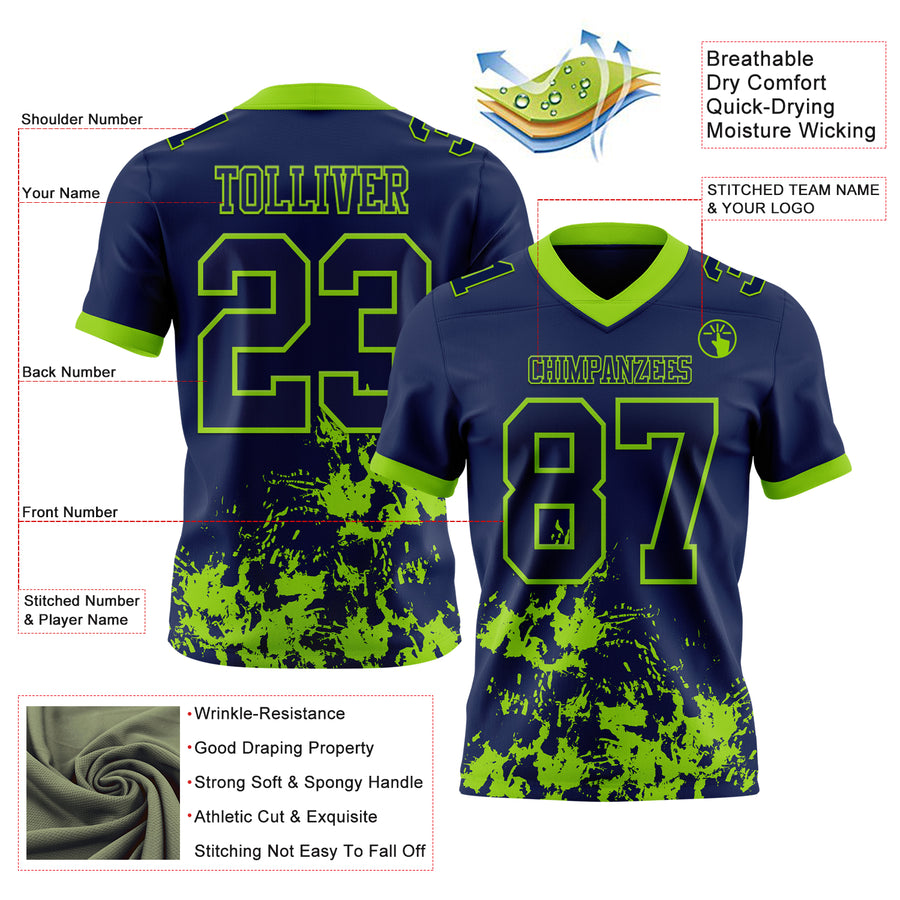 Custom Navy Neon Green 3D Pattern Splash Authentic Football Jersey