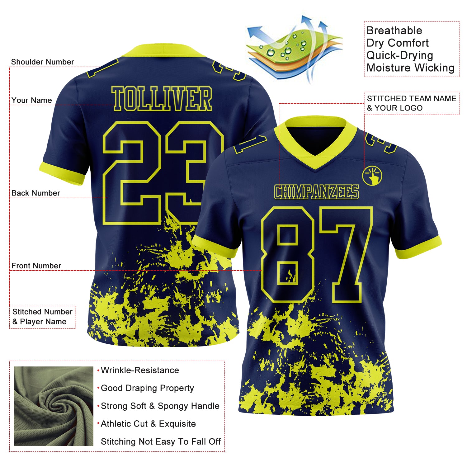 Custom Navy Neon Yellow 3D Pattern Splash Authentic Football Jersey