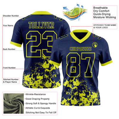 Custom Navy Neon Yellow 3D Pattern Splash Authentic Football Jersey