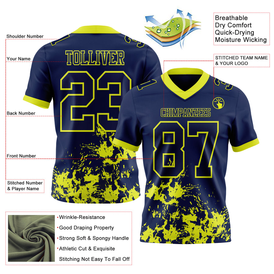 Custom Navy Neon Yellow 3D Pattern Splash Authentic Football Jersey