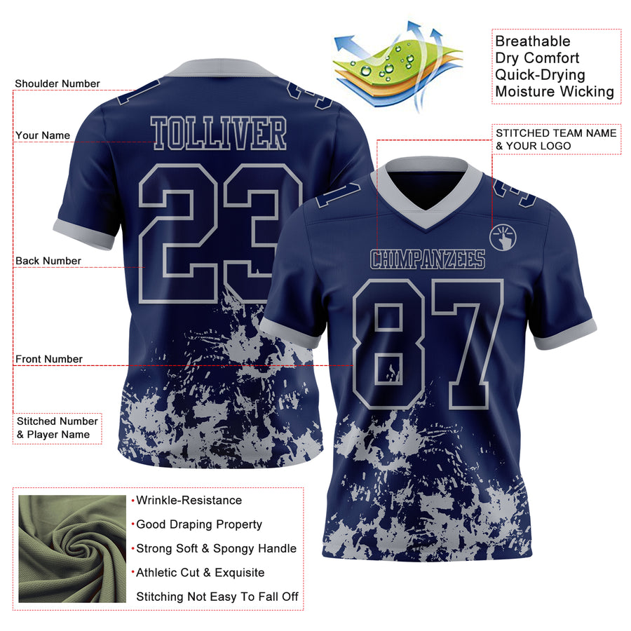 Custom Navy Gray 3D Pattern Splash Authentic Football Jersey