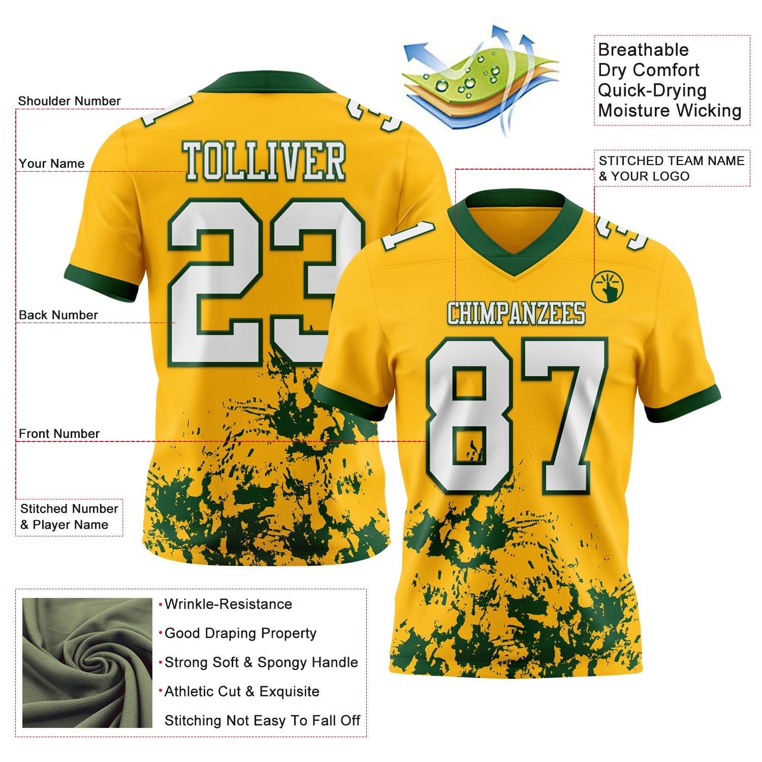 Custom Gold White-Green 3D Pattern Splash Authentic Football Jersey