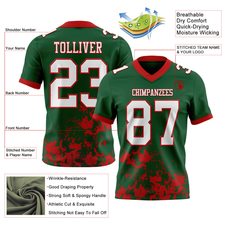 Custom Green White-Red 3D Pattern Splash Authentic Football Jersey