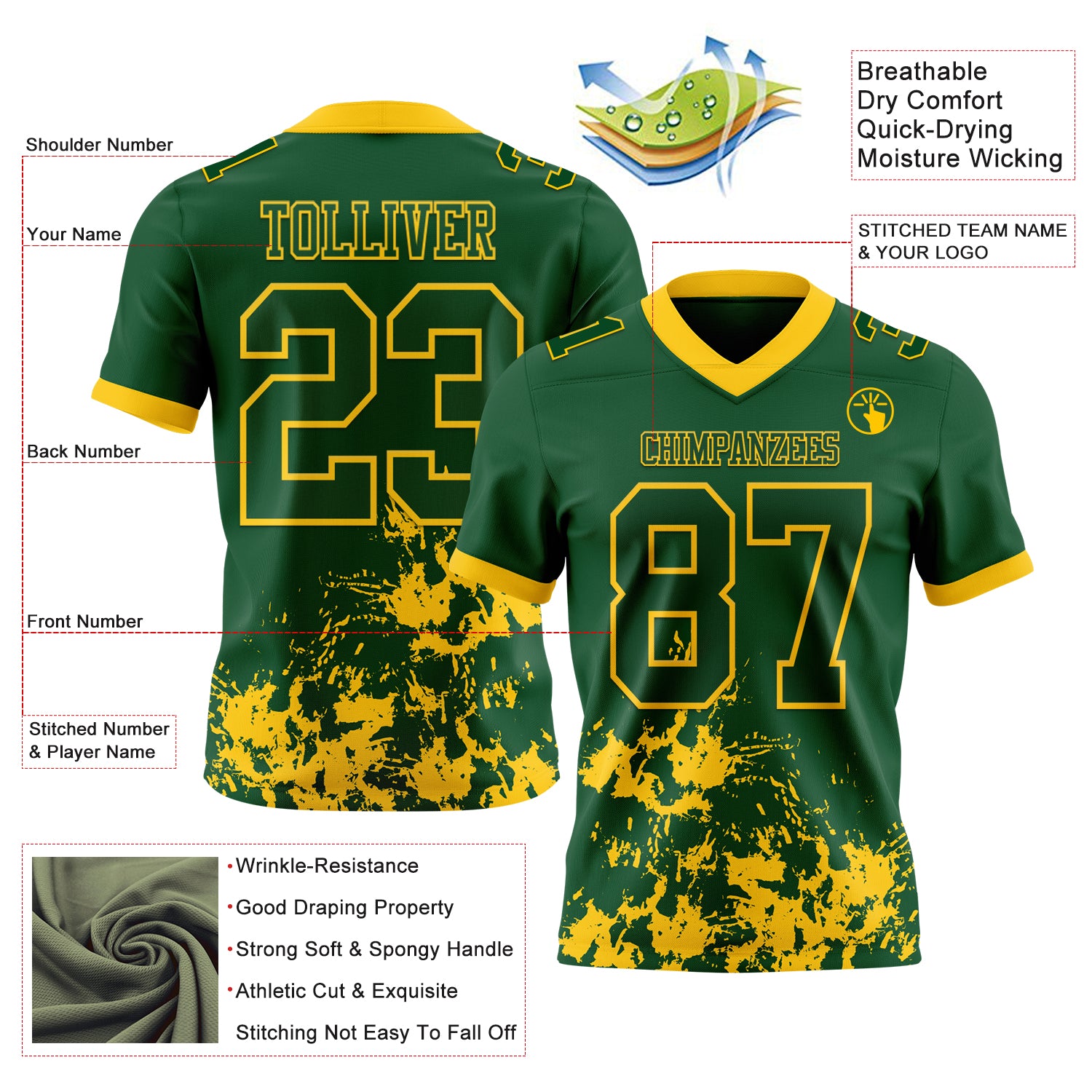 Custom Green Yellow 3D Pattern Splash Authentic Football Jersey