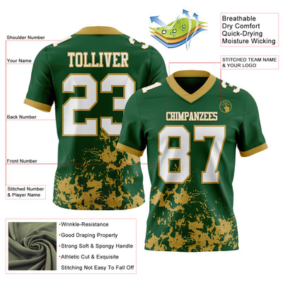 Custom Green White-Old Gold 3D Pattern Splash Authentic Football Jersey