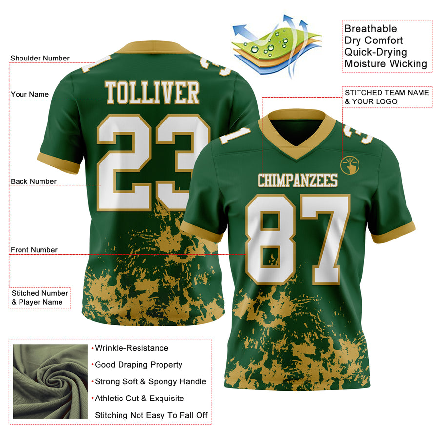 Custom Green White-Old Gold 3D Pattern Splash Authentic Football Jersey