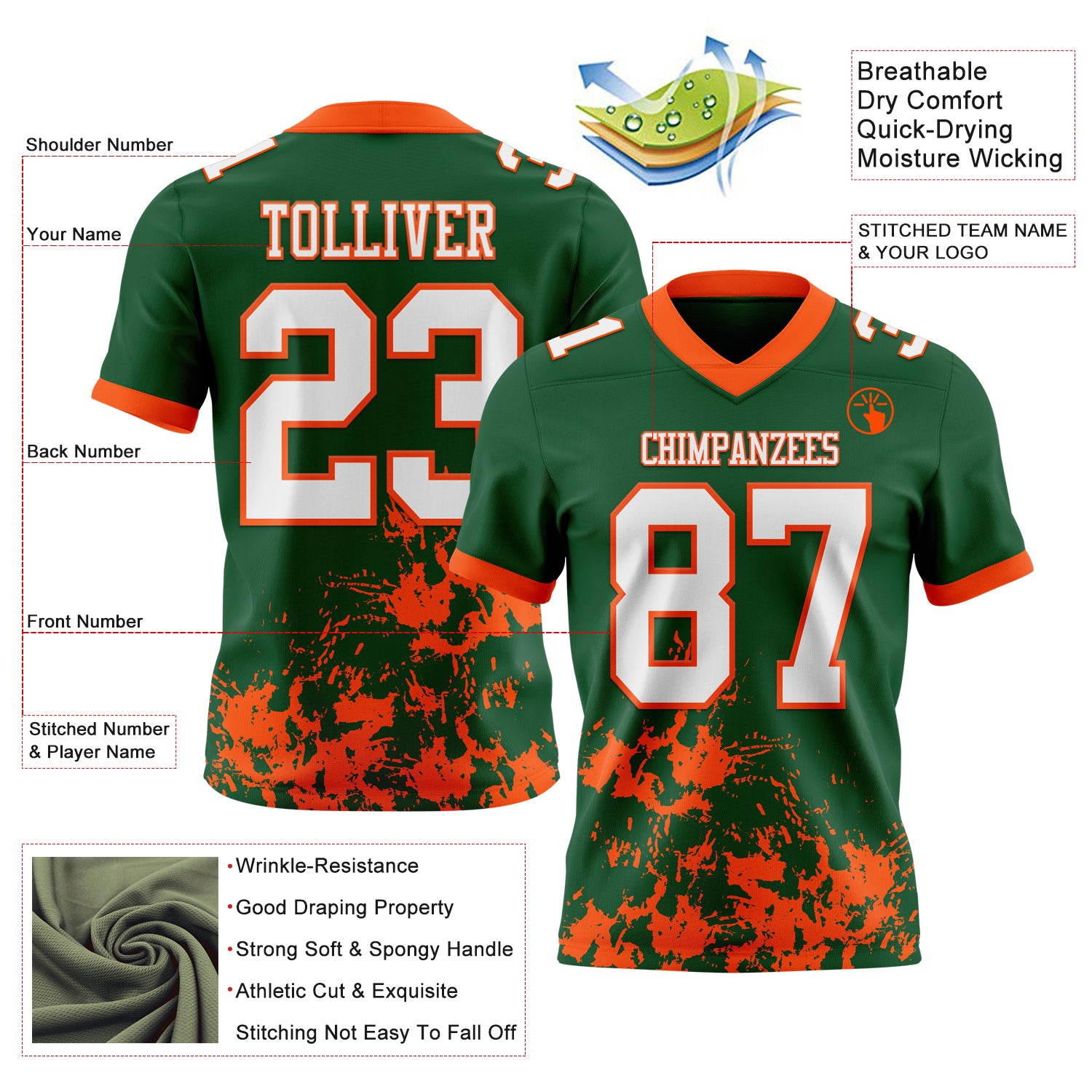 Custom Green White-Orange 3D Pattern Splash Authentic Football Jersey