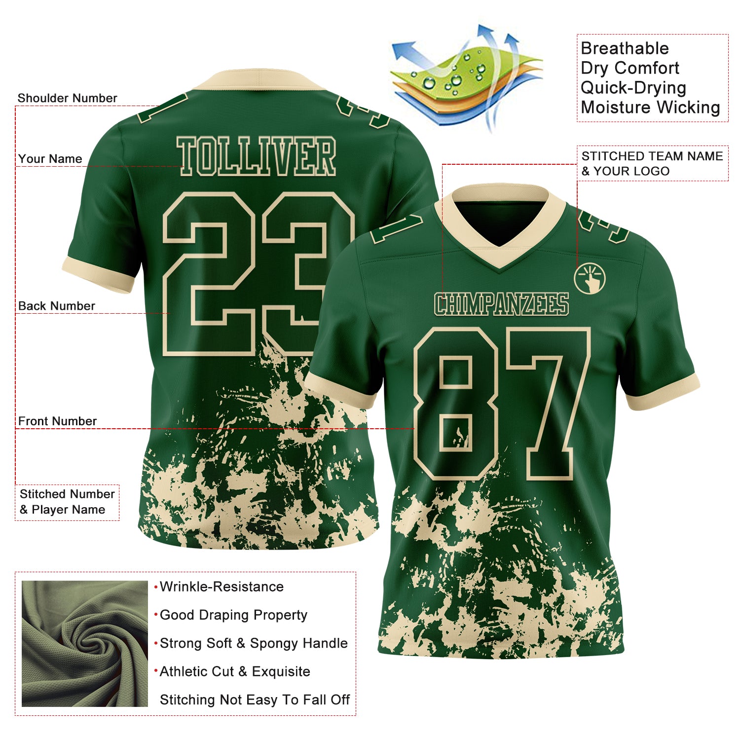 Custom Green Cream 3D Pattern Splash Authentic Football Jersey