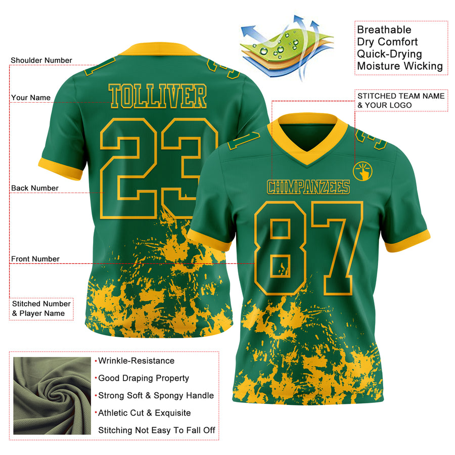 Custom Kelly Green Gold 3D Pattern Splash Authentic Football Jersey