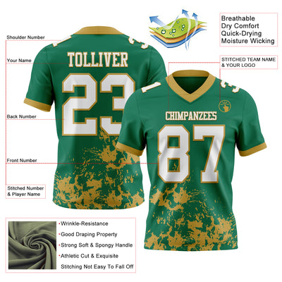 Custom Kelly Green White-Old Gold 3D Pattern Splash Authentic Football Jersey