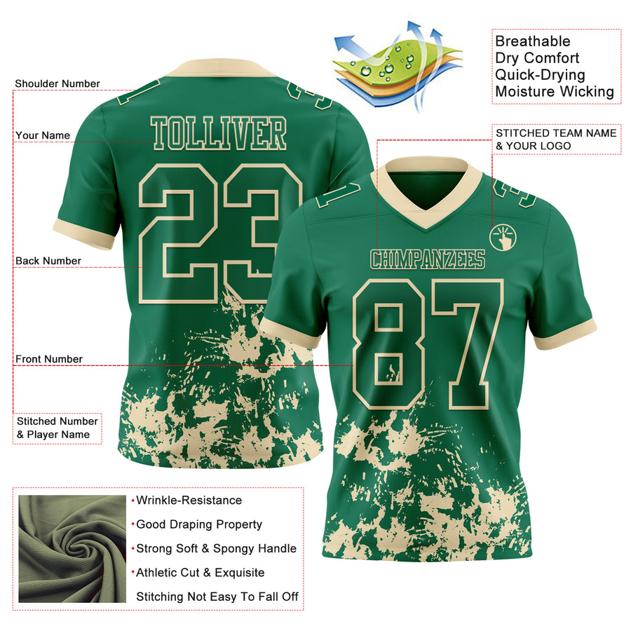 Custom Kelly Green Cream 3D Pattern Splash Authentic Football Jersey