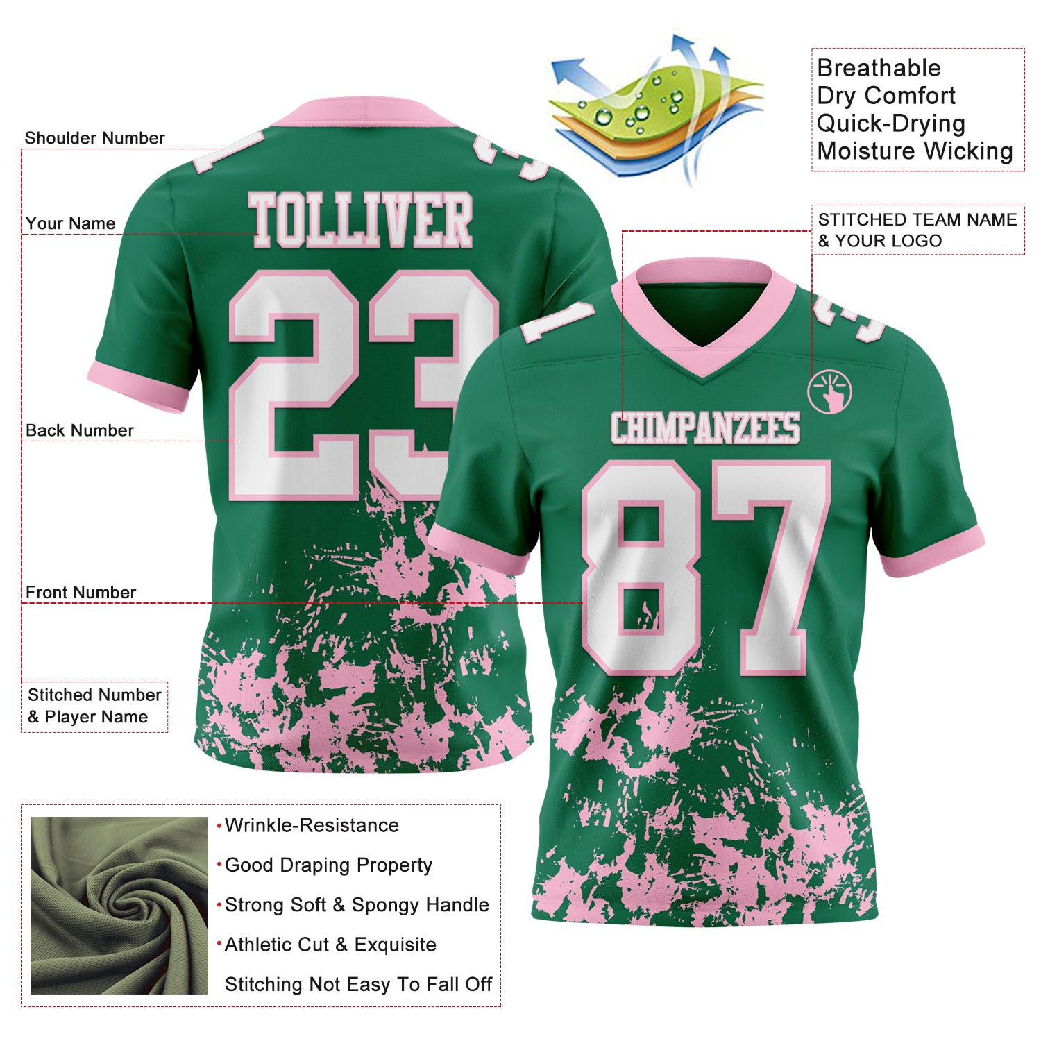 Custom Kelly Green White-Light Pink 3D Pattern Splash Authentic Football Jersey