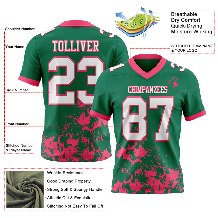 Custom Kelly Green White-Neon Pink 3D Pattern Splash Authentic Football Jersey
