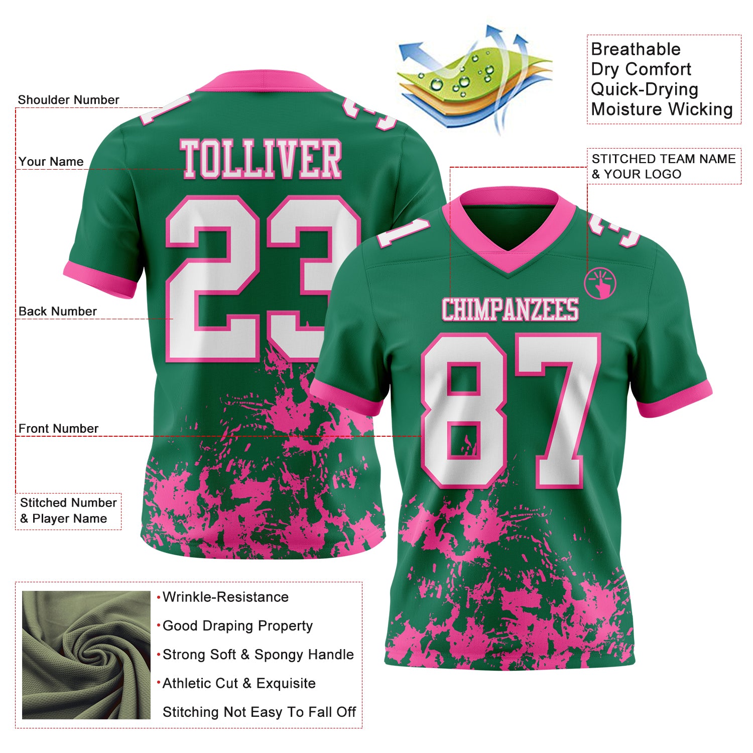 Custom Kelly Green White-Pink 3D Pattern Splash Authentic Football Jersey