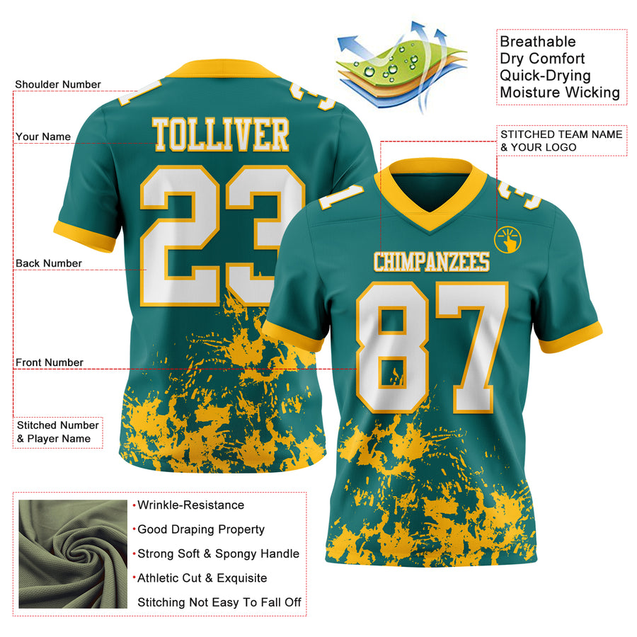 Custom Teal White-Gold 3D Pattern Splash Authentic Football Jersey