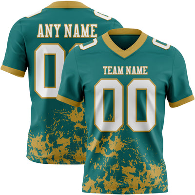 Custom Teal White-Old Gold 3D Pattern Splash Authentic Football Jersey