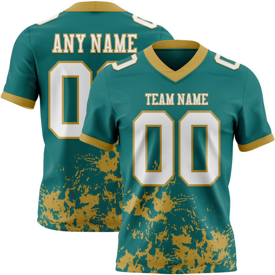 Custom Teal White-Old Gold 3D Pattern Splash Authentic Football Jersey