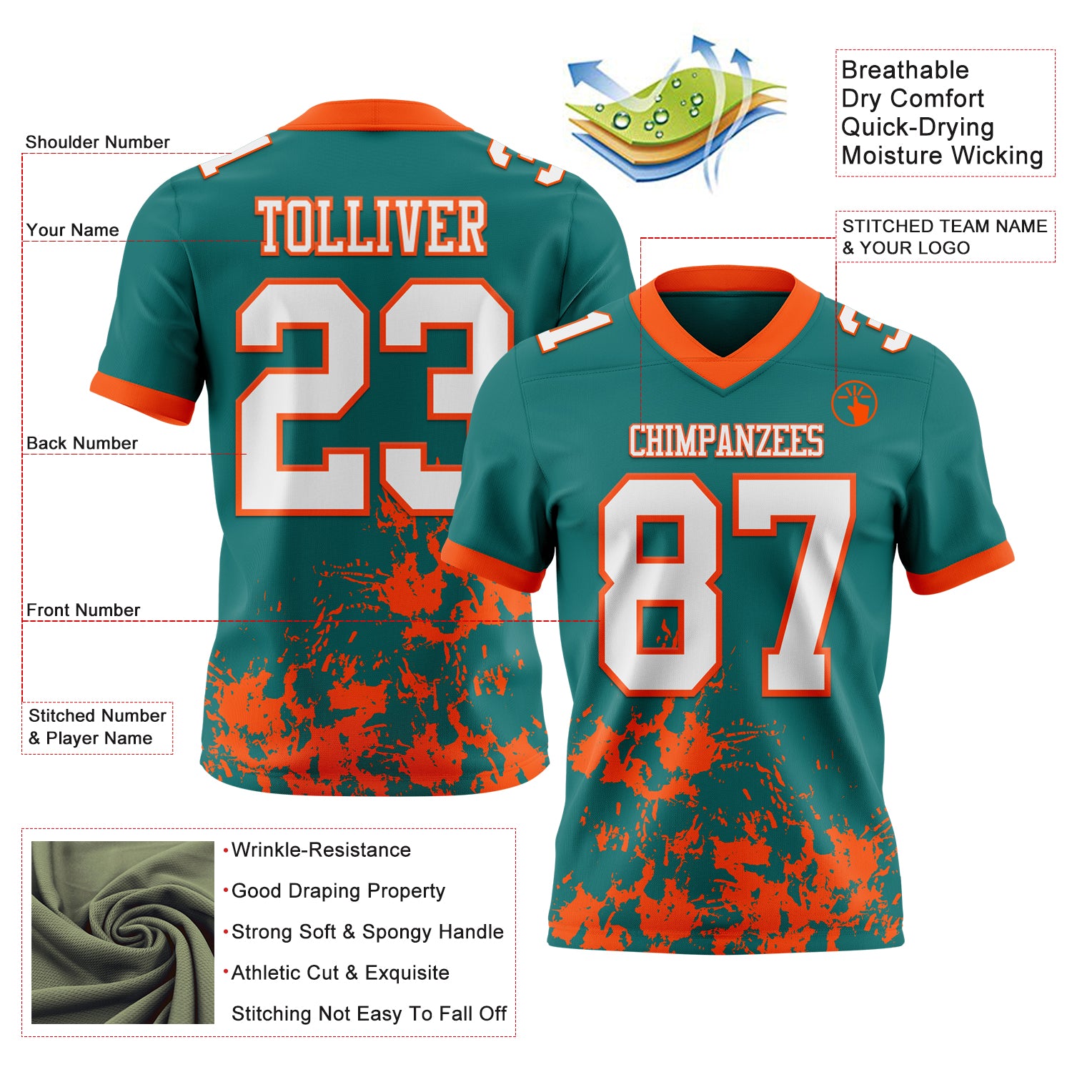 Custom Teal White-Orange 3D Pattern Splash Authentic Football Jersey