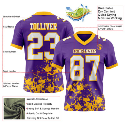 Custom Purple White-Gold 3D Pattern Splash Authentic Football Jersey