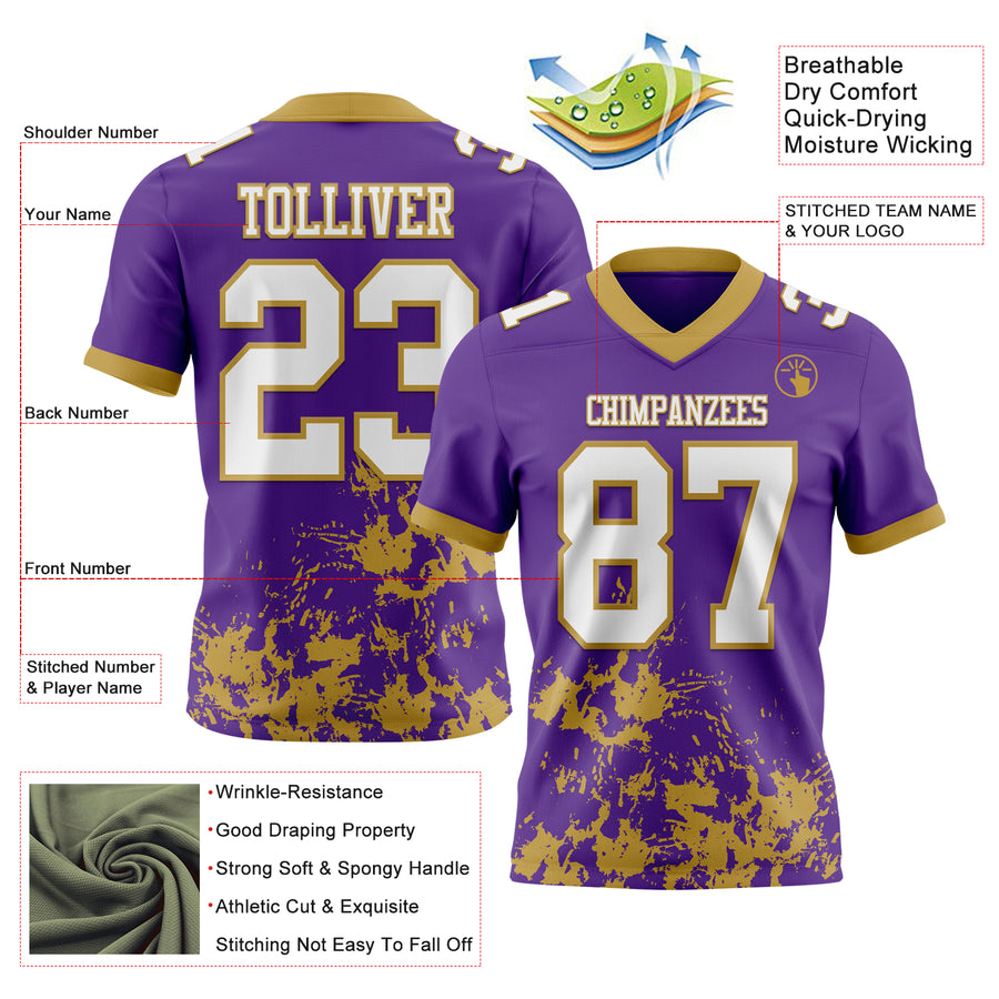 Custom Purple White-Old Gold 3D Pattern Splash Authentic Football Jersey