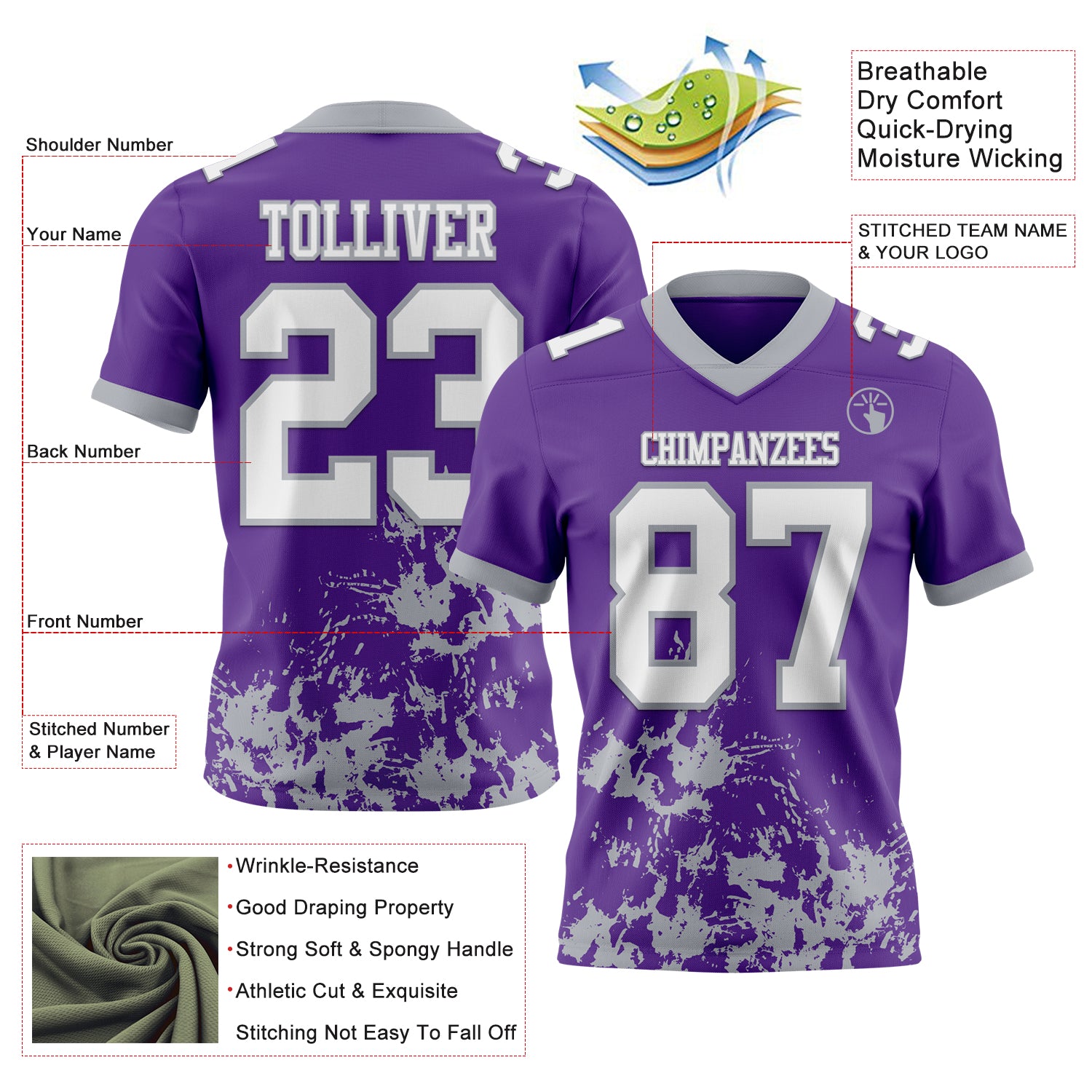 Custom Purple White-Gray 3D Pattern Splash Authentic Football Jersey