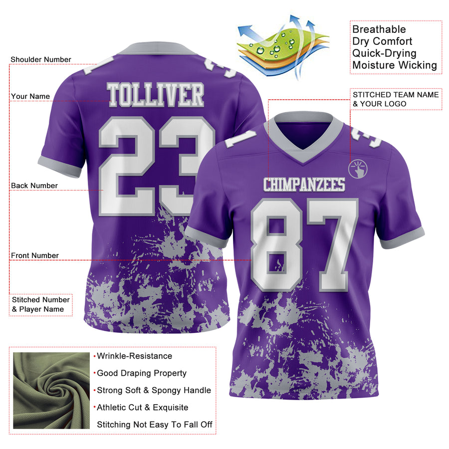 Custom Purple White-Gray 3D Pattern Splash Authentic Football Jersey